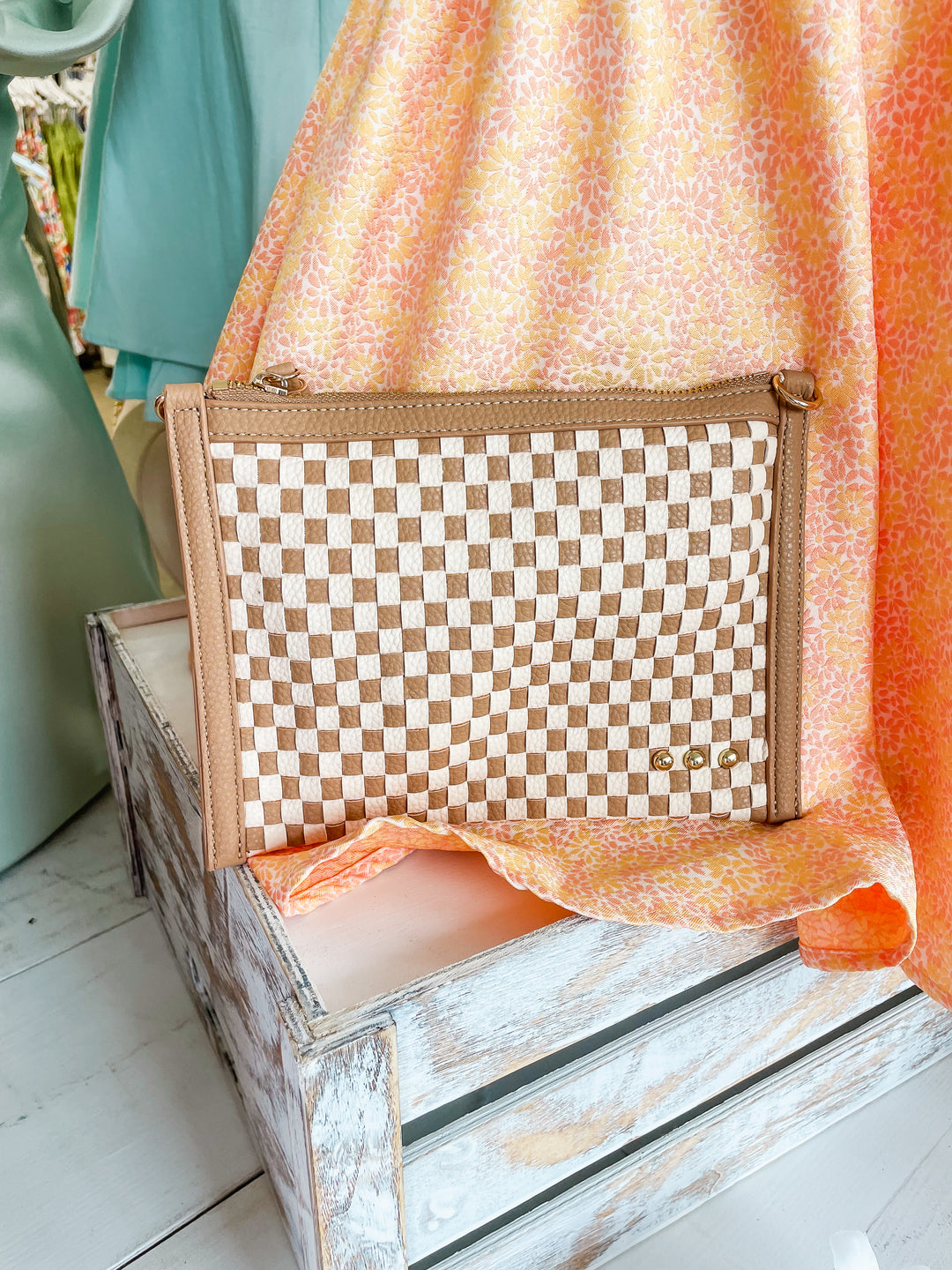 The Checkered Tan Veda Woven Crossbody and Clutch Bag