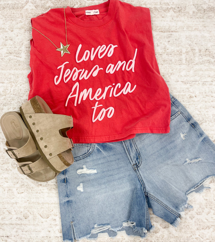 Loves Jesus and America too Muscle Tank
