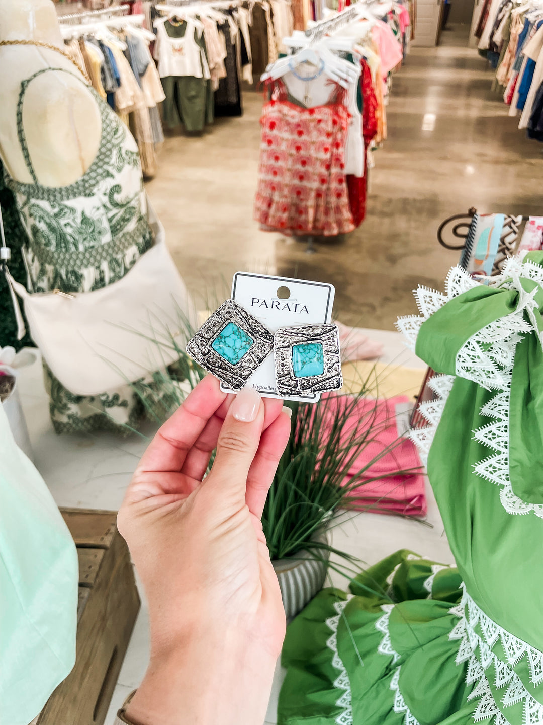 Western Turquoise Square Stud Earrings