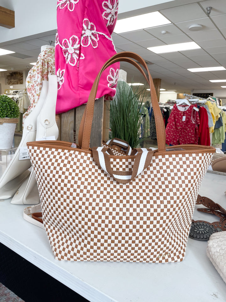 Woven Tiffany Organizer Tote Bag-Checkered Brown