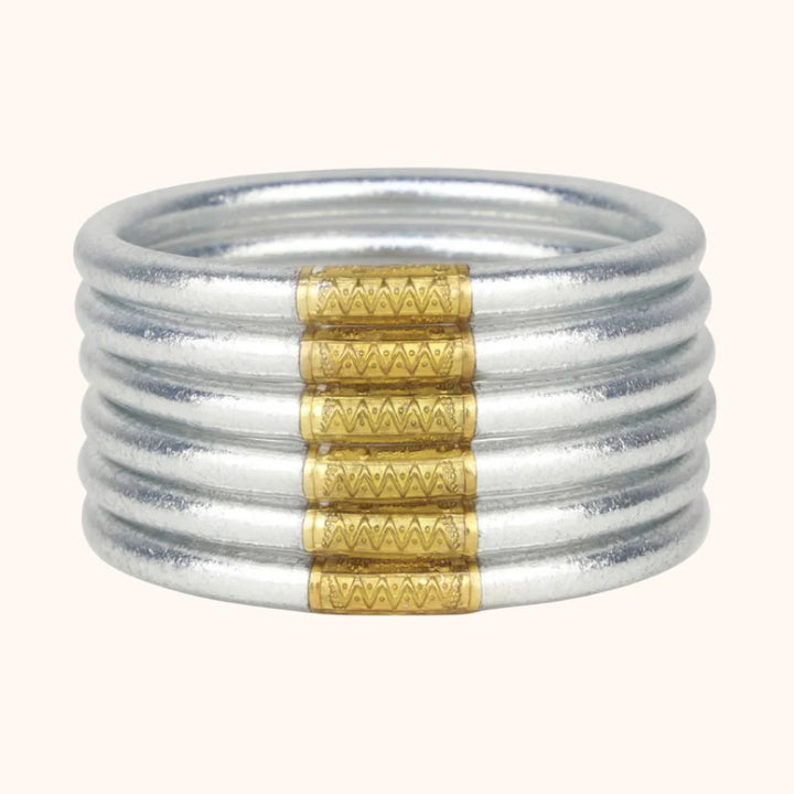 BudhaGirl Silver All Weather Bangles (Set of 6) - Serenity Prayer