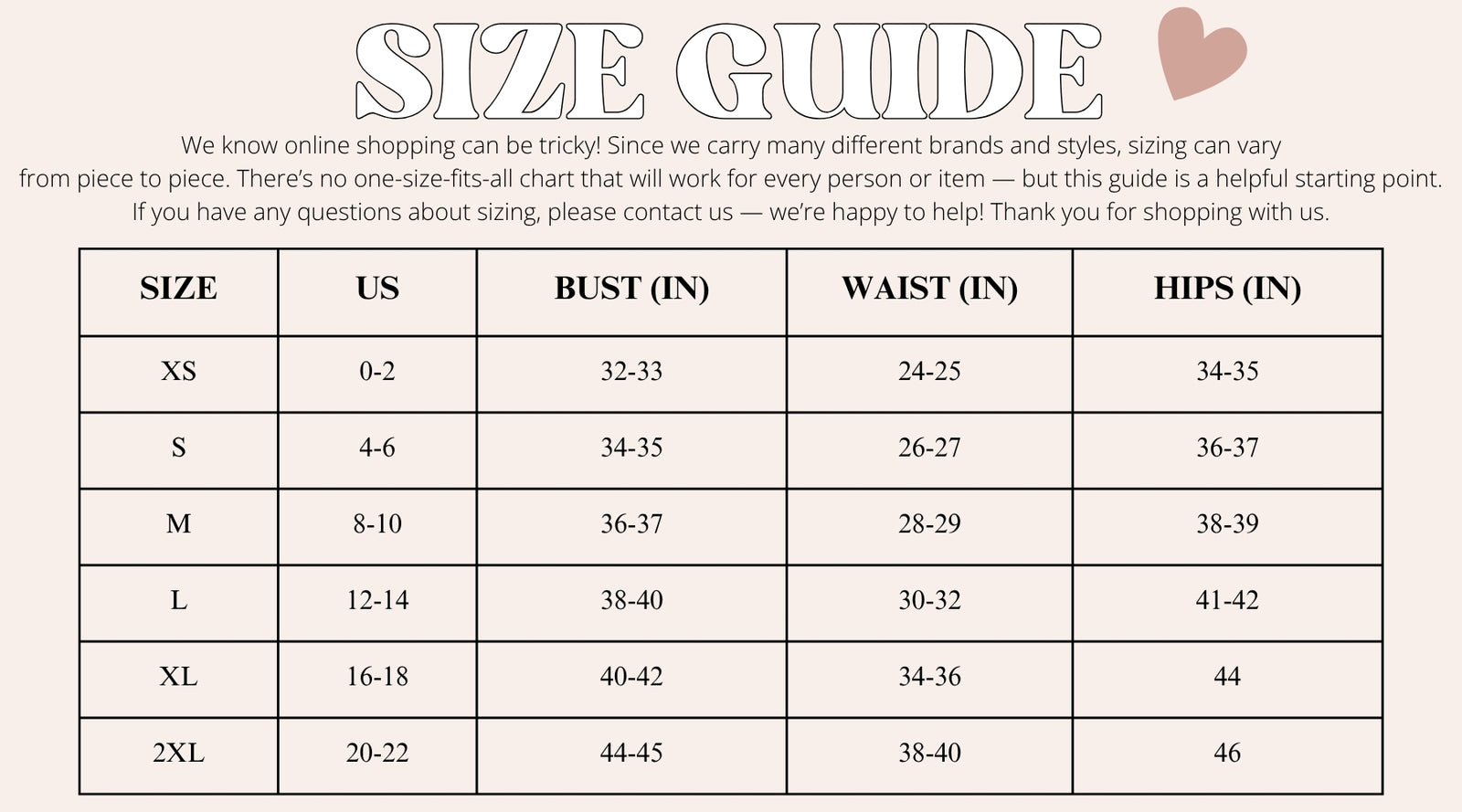 Size Chart Sparkle Tallahassee