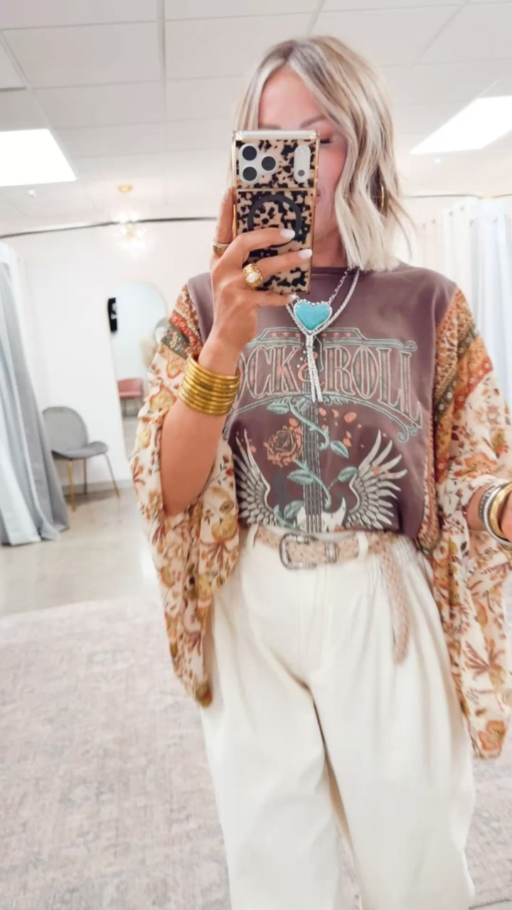 Rock N Roll Graphic Kantha Top-Brown