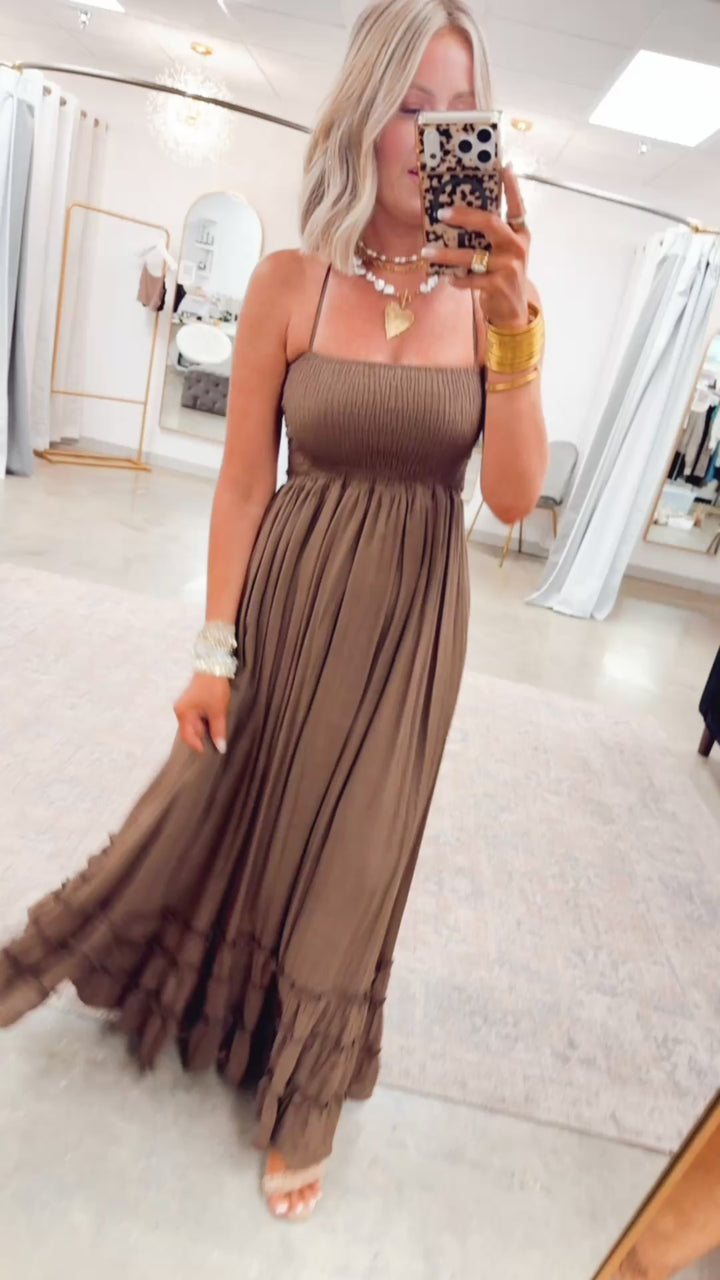 Viviana Smocked Halter Maxi Dress-Chocolate