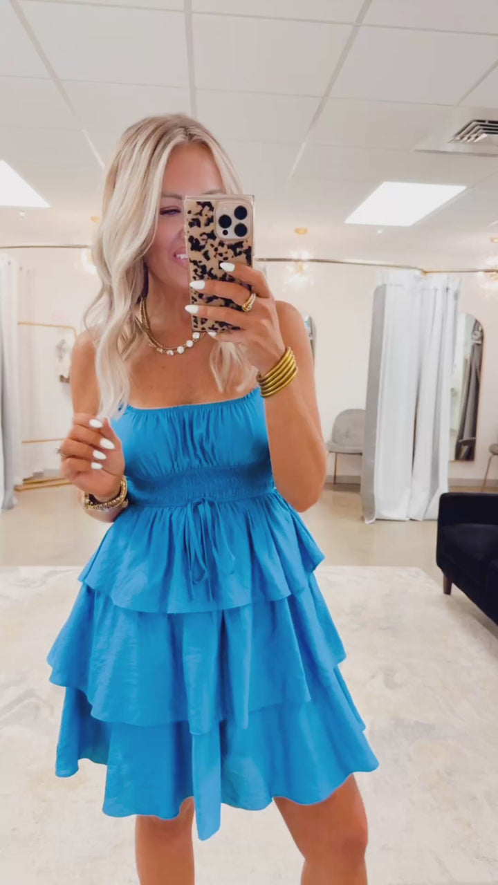 Flutter Bloom Mini Dress-Dusty Blue