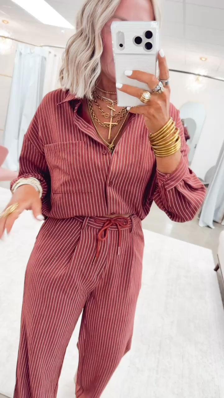 Lexi Pinstripe Top & Pants Set-Burgundy