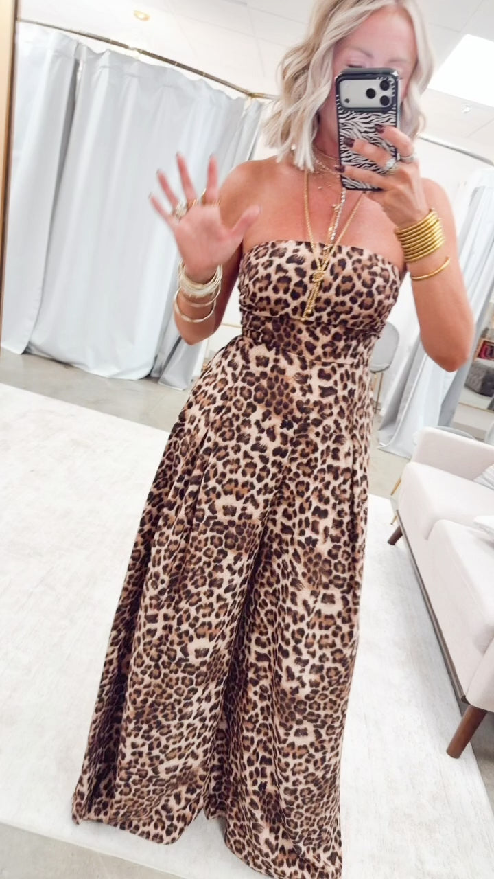 The Leopard Print Strapless Jumpsuit-Brown
