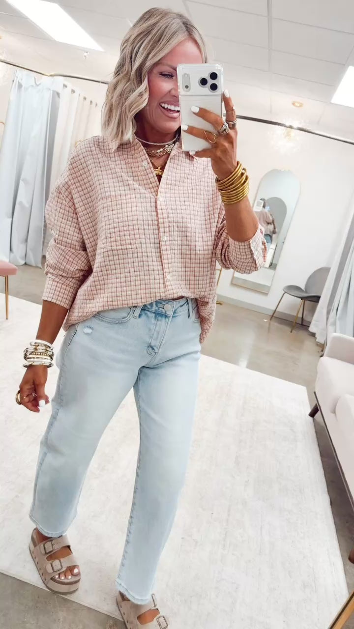 Pinstripe Plaid Oversized Shirt-Red