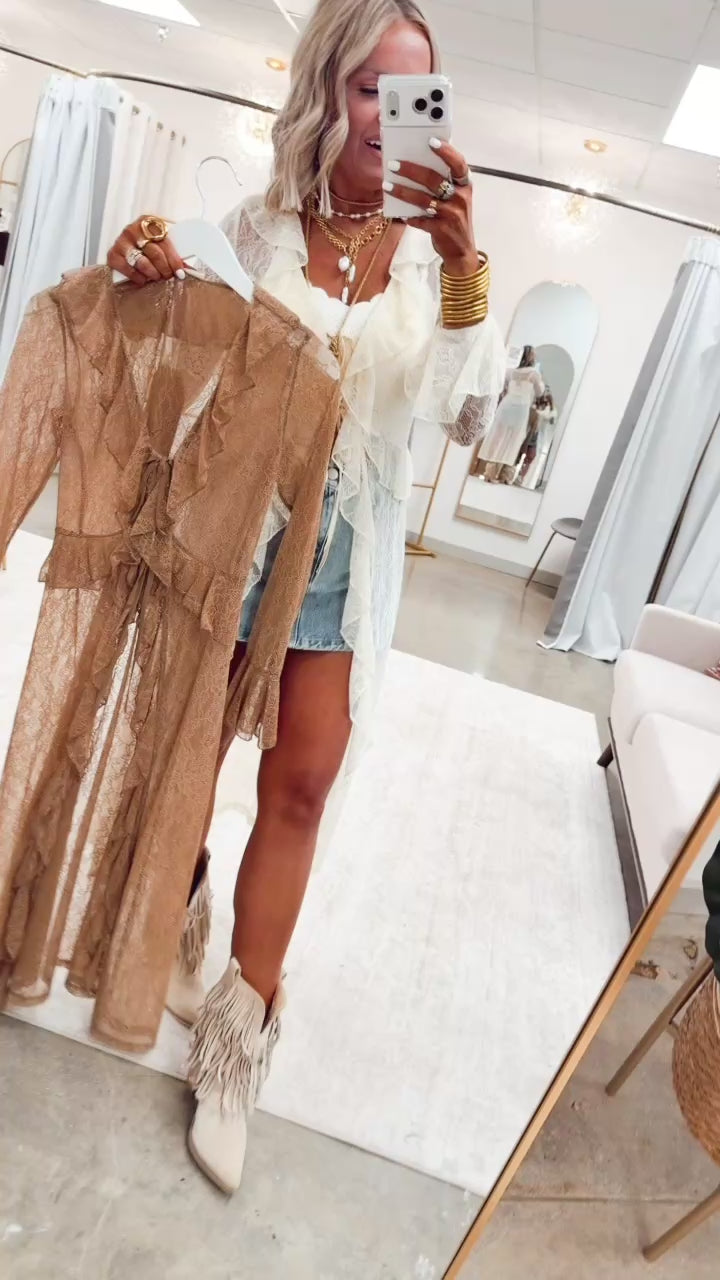 Sheer Lace Ruffle Duster-Ecru