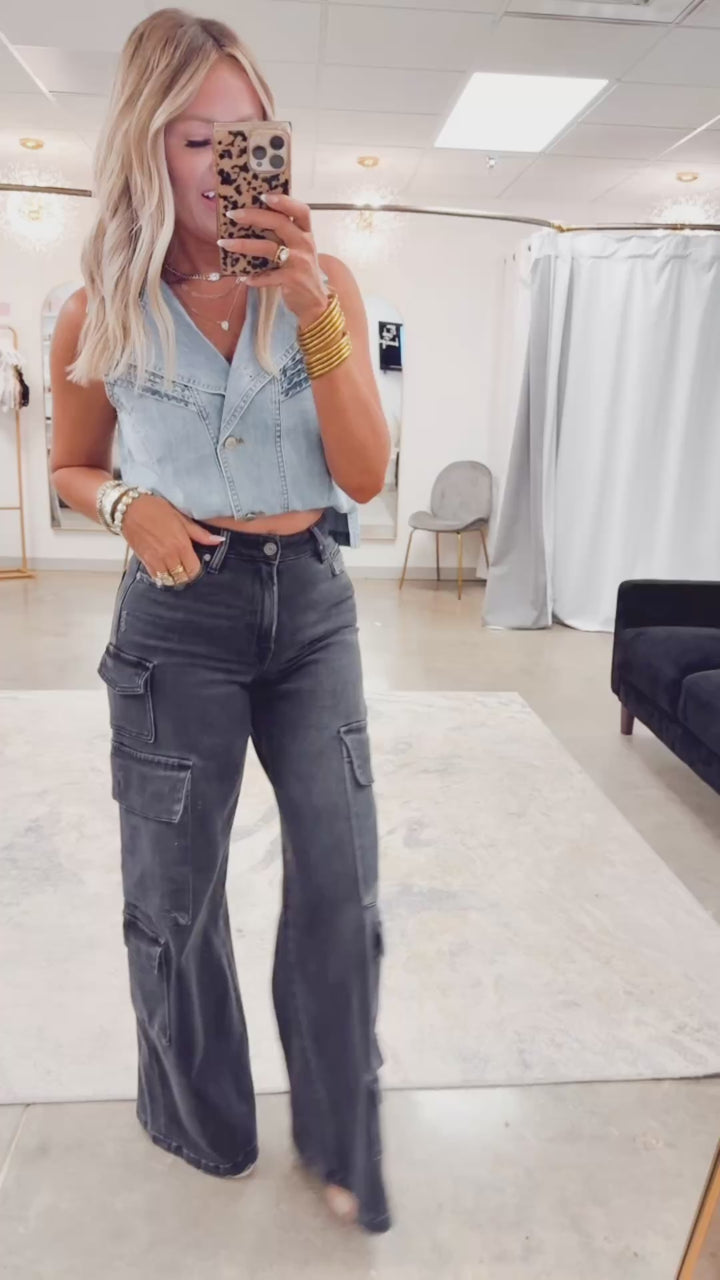 Charcoal Couture-High Rise Cargo Jeans