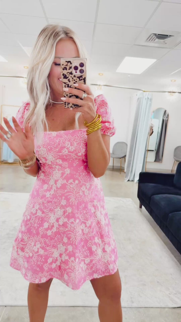Isabella Puff Sleeve Mini Dress-Pink/Cream