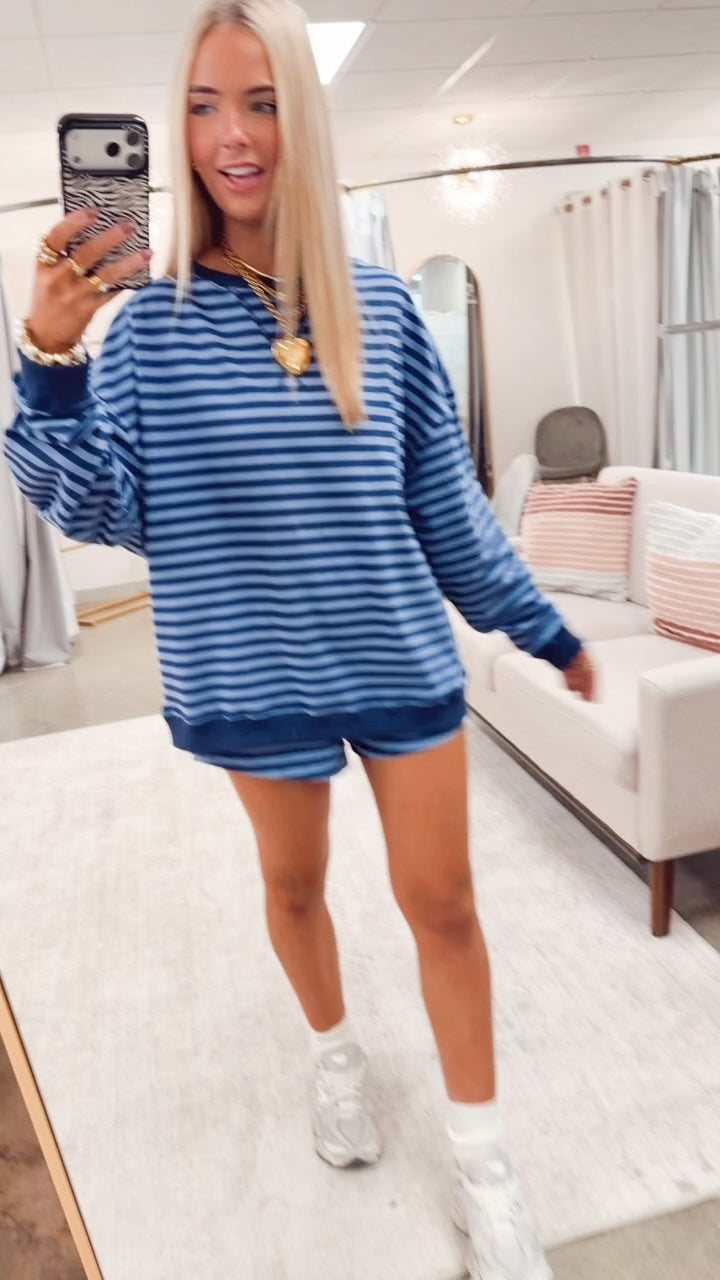 Lennon Stripe Shorts Set-Navy/Blue