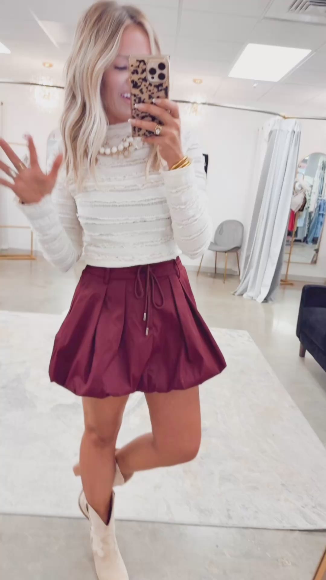 Pleated Bubble Hem Skirt-Maroon