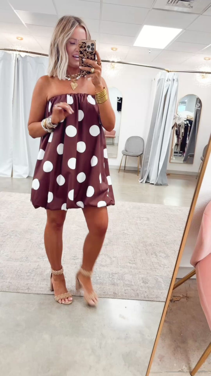 Darling Polka Dot Bubble Hem Dress-Brown/Ivory