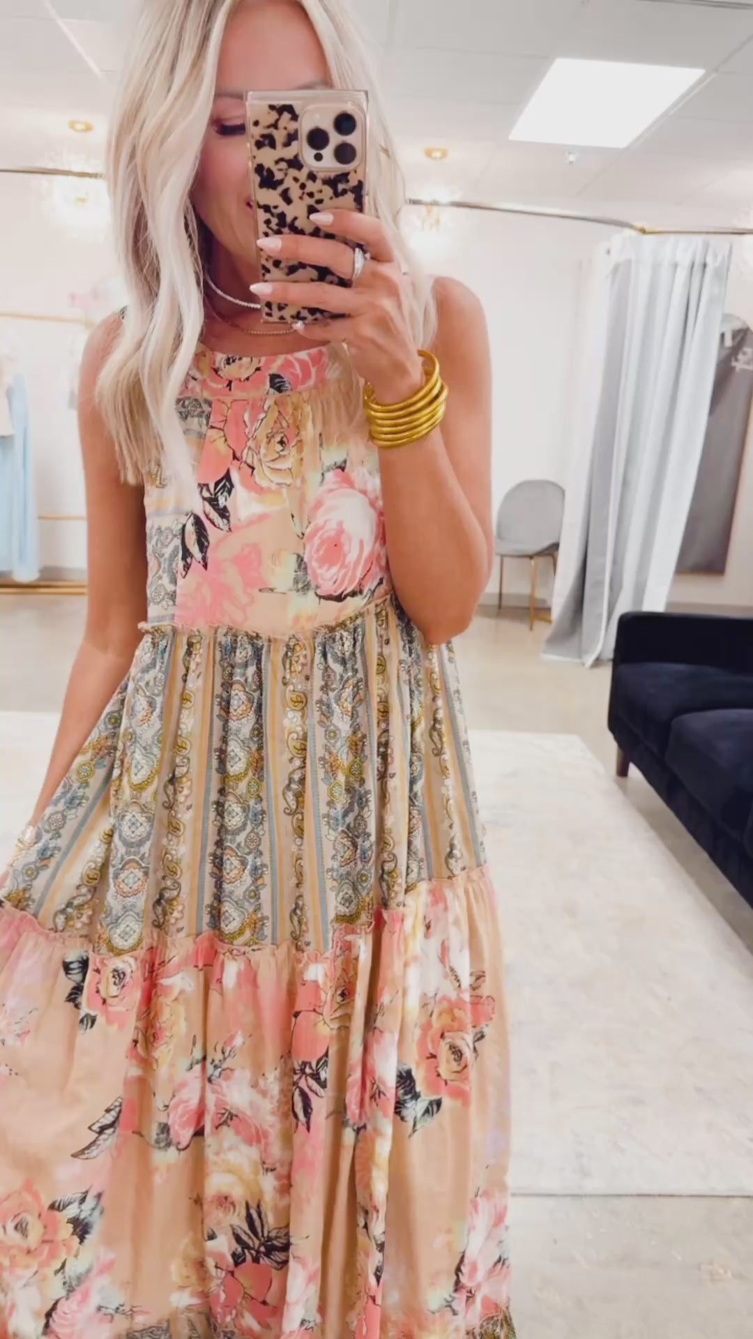 Floral Boho Midi Dress-Pink Beige