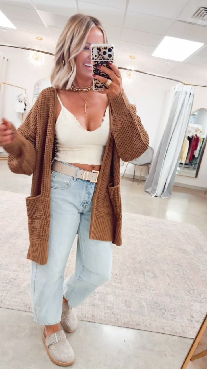 Deep Camel Waffle Weave Cardigan