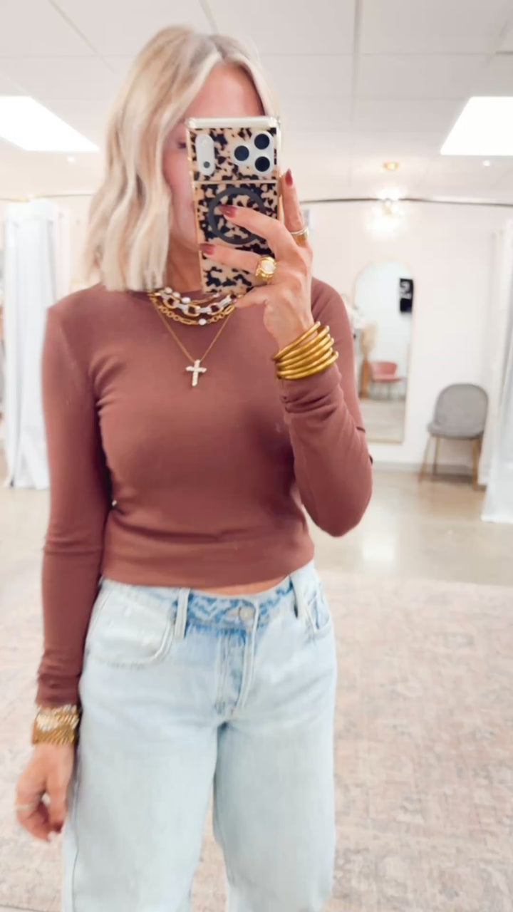 Round Neck Fitted Ribbed Top-Espresso