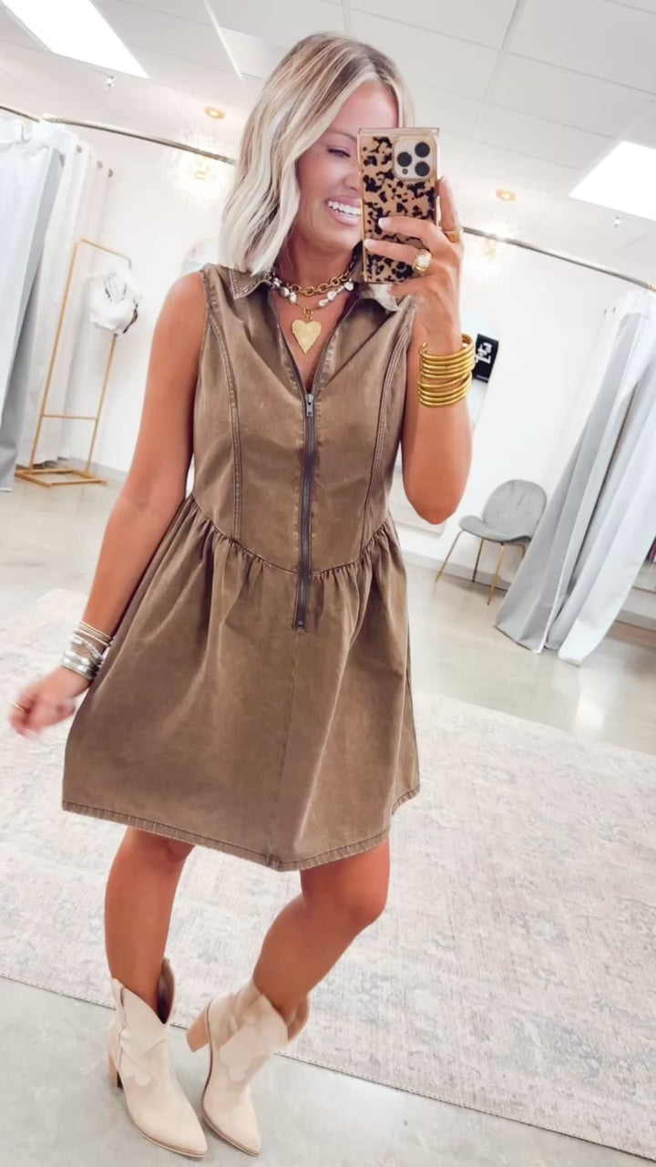 The Lacey Twill Mini Dress-Brown