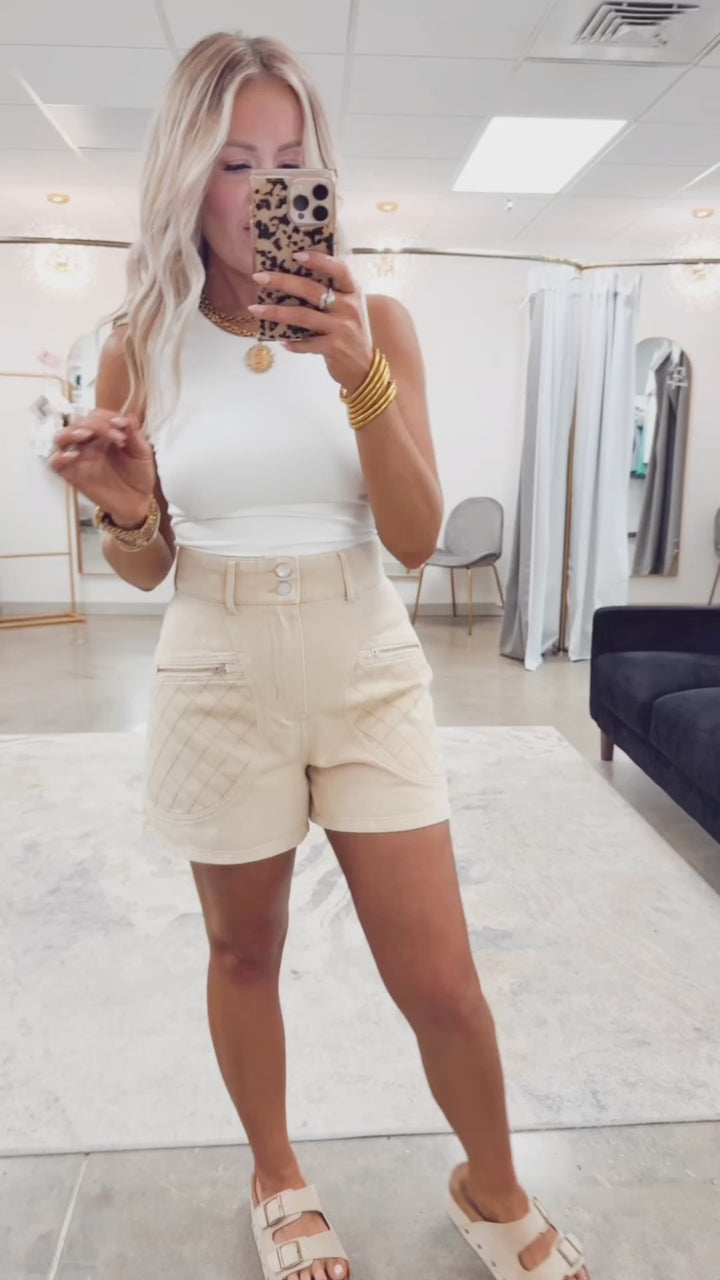 Quilted High Waist Shorts-Washed Sand