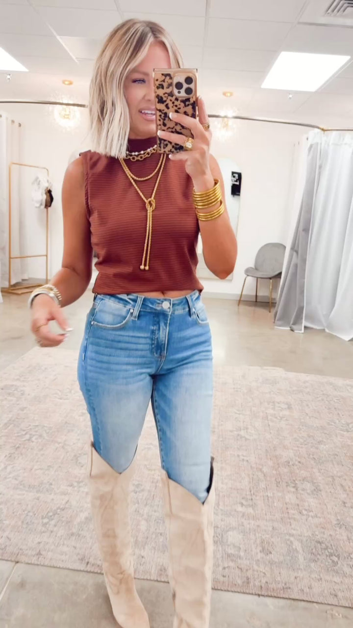 Mock Neck Sleeveless Top-Camel/Navy