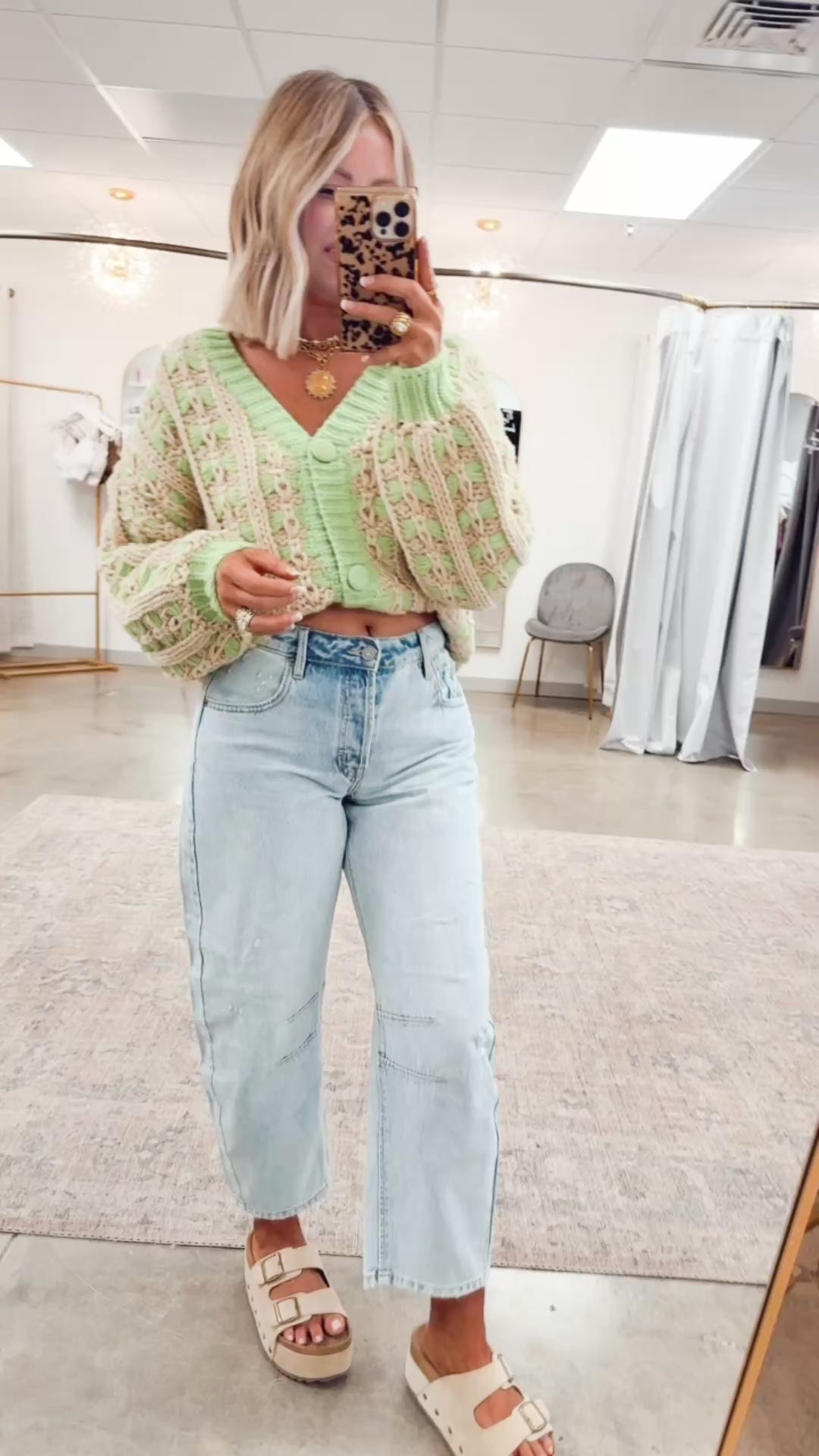 Chunky Lattice Cardigan-Green/Taupe