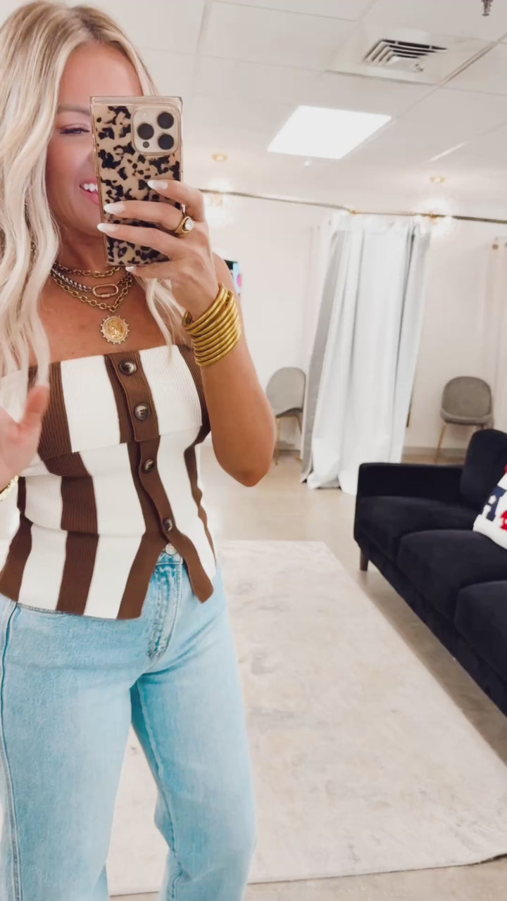 Stripe Strapless Button Sweater Top- Brown