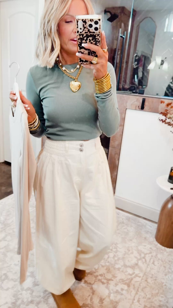 Round Neck Fitted Ribbed Top-Green