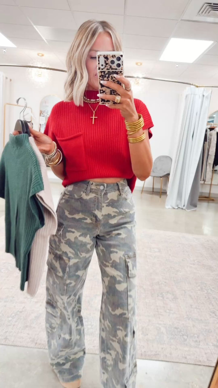 Dani Ribbed Short Sleeve Sweater-Red