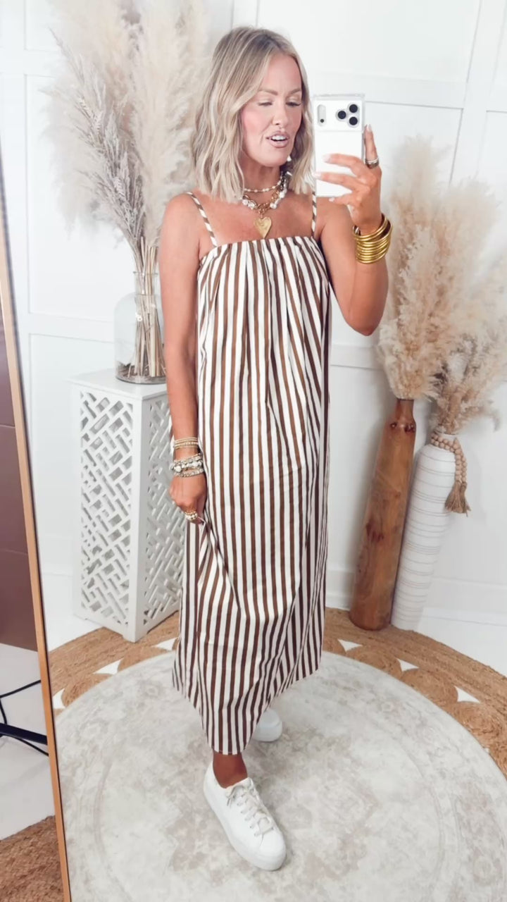 The Brine Stripe Midi Dress-Mocha/Cream