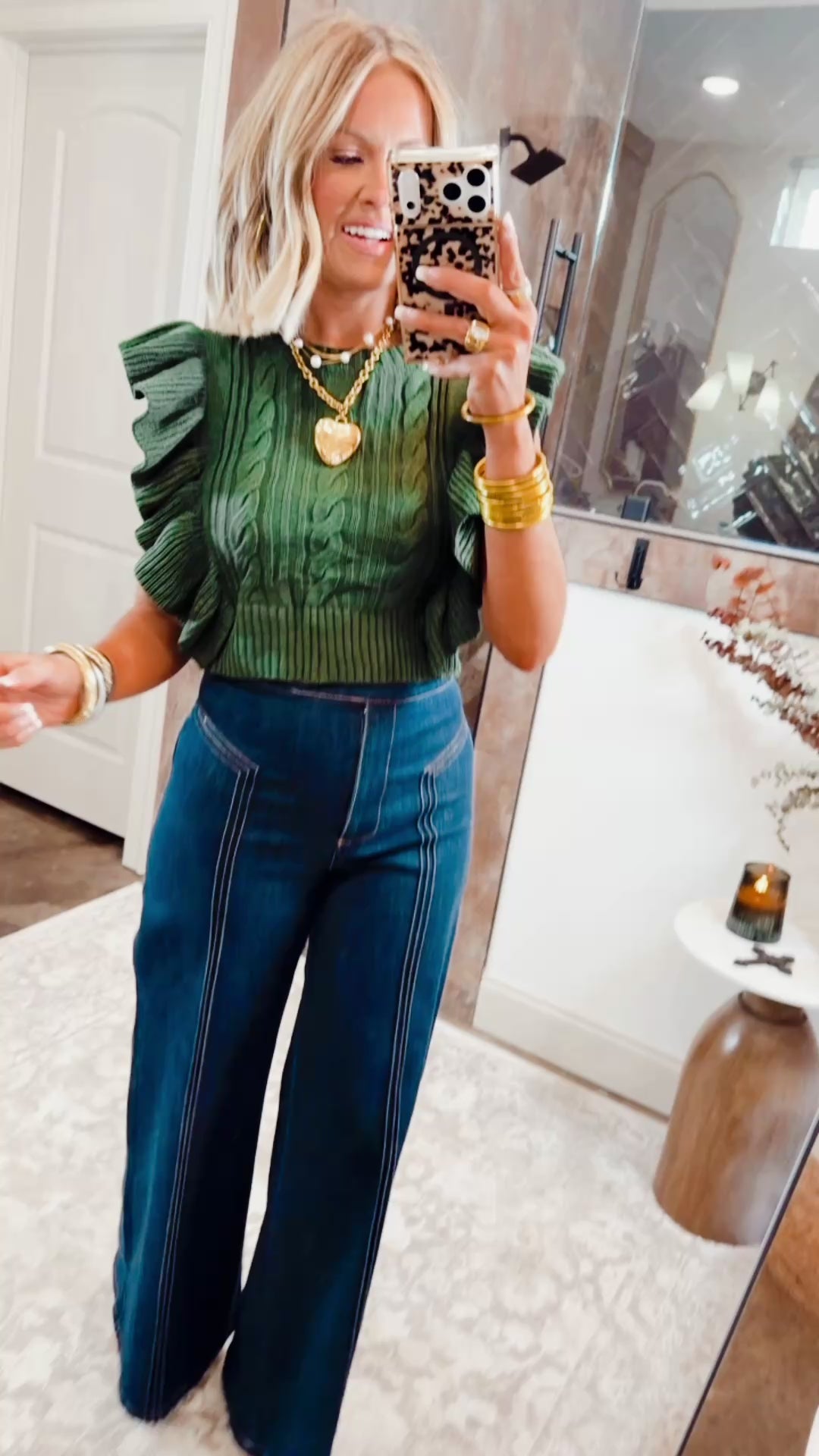 Esme Cable Knit Cropped Sweater-Forest Green