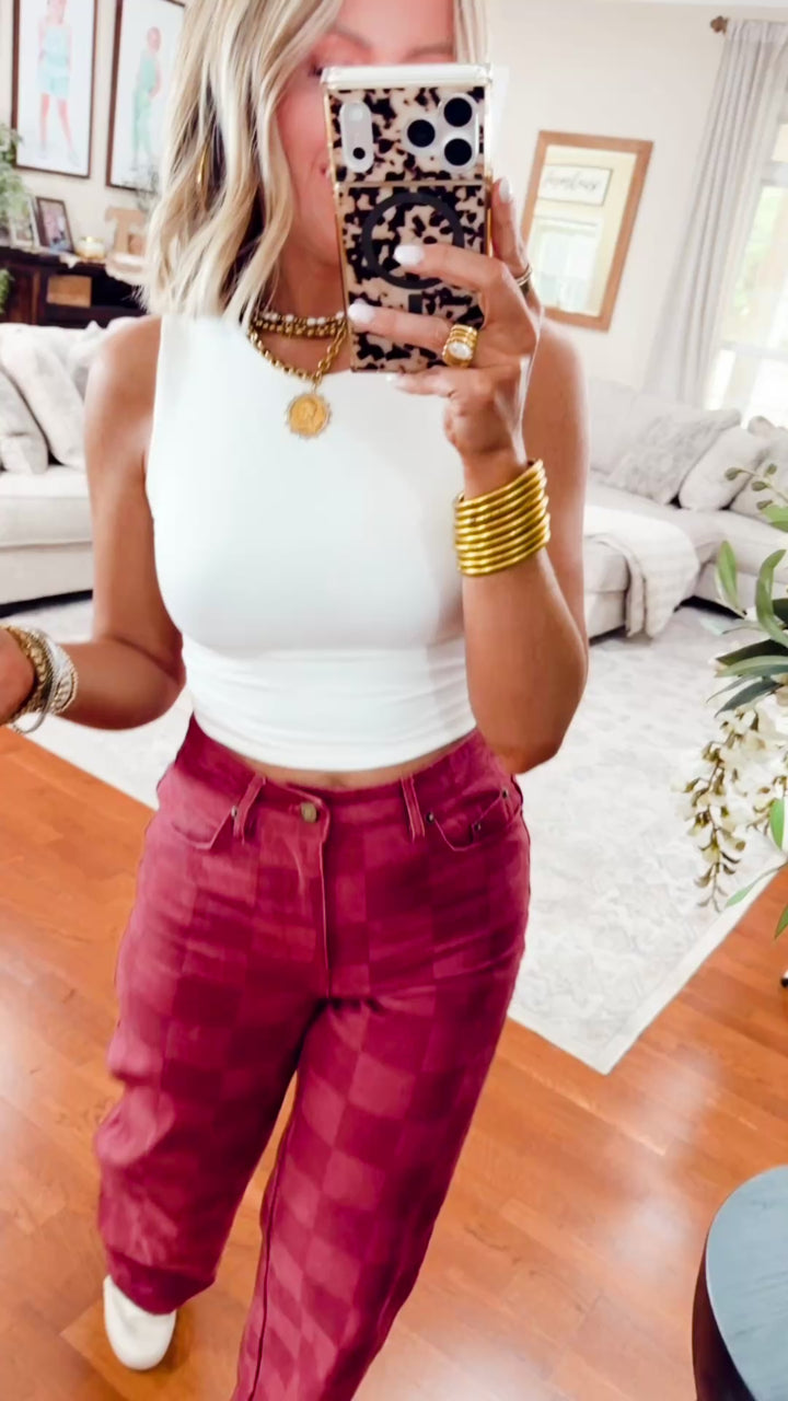 The Checkmate Cutie Jeans-Burgundy