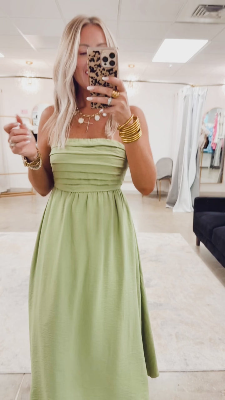 Pleated Bodice Strapless Midi Sundress- Green