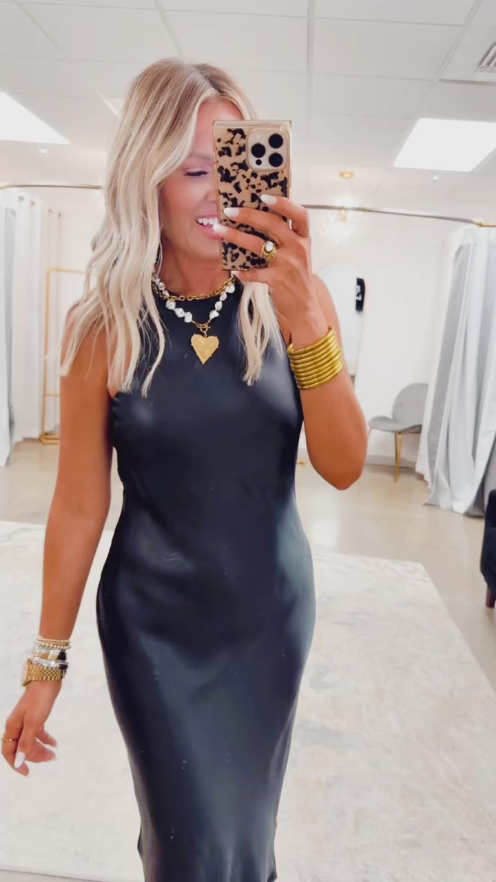 Satin Charm Midi Dress-Black