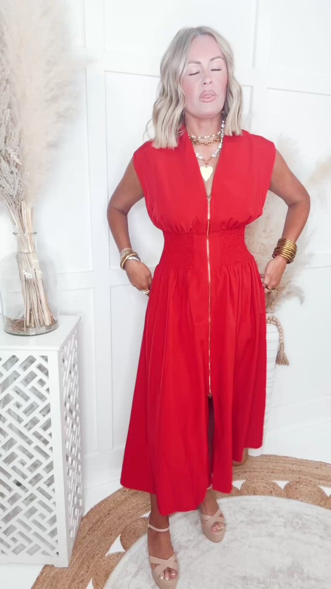The Aveline Smocked Midi Dress-Red