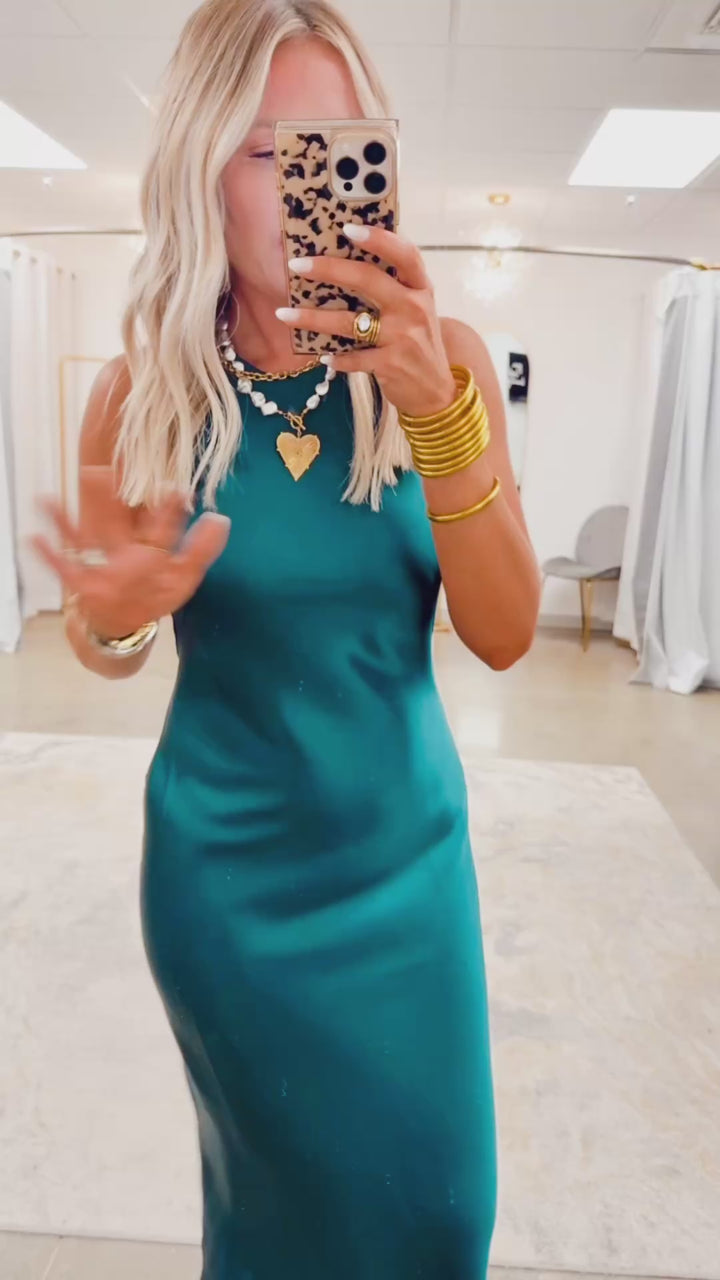 Satin Charm Midi Dress-Dark Green