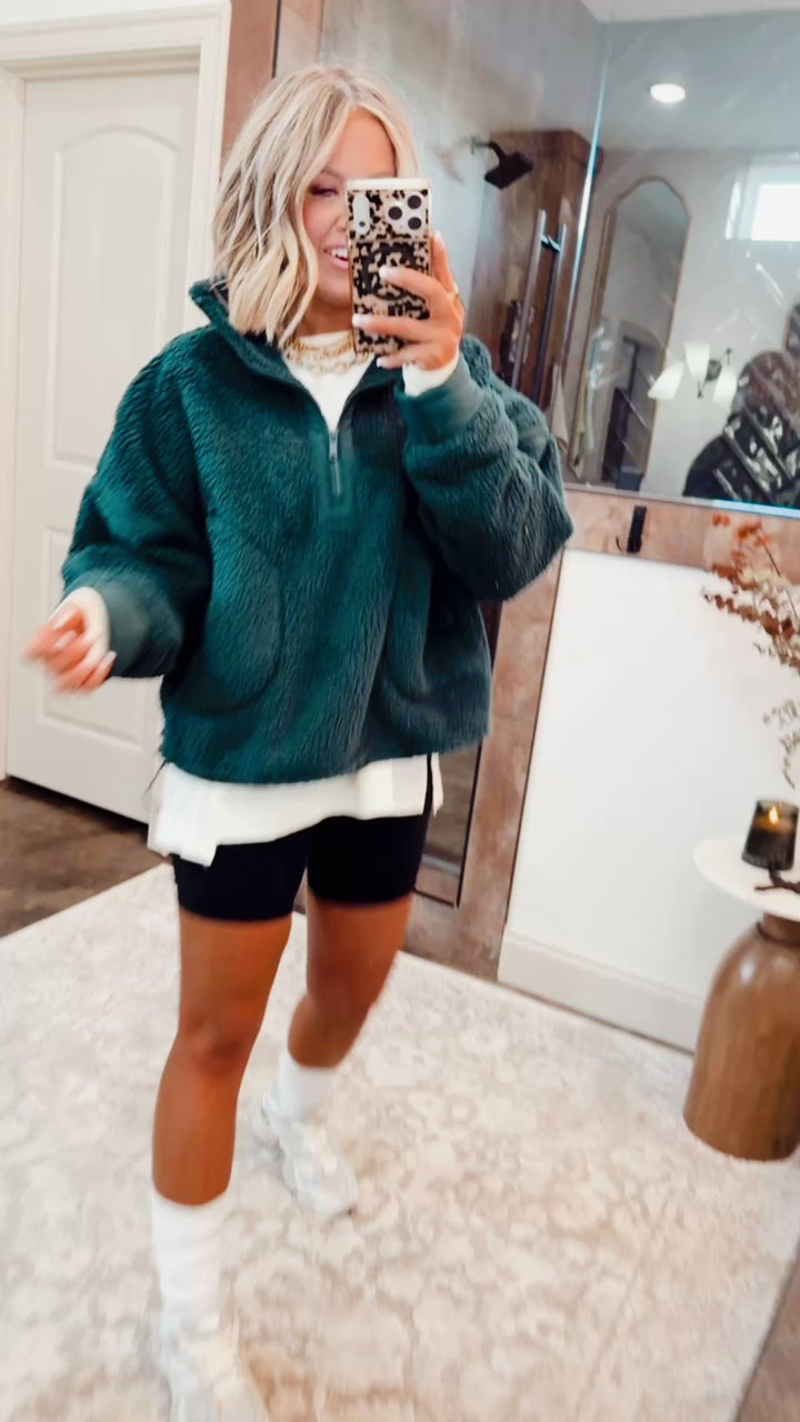 Sherpa Mock Neck Quarter Zip Jacket-Dk Green