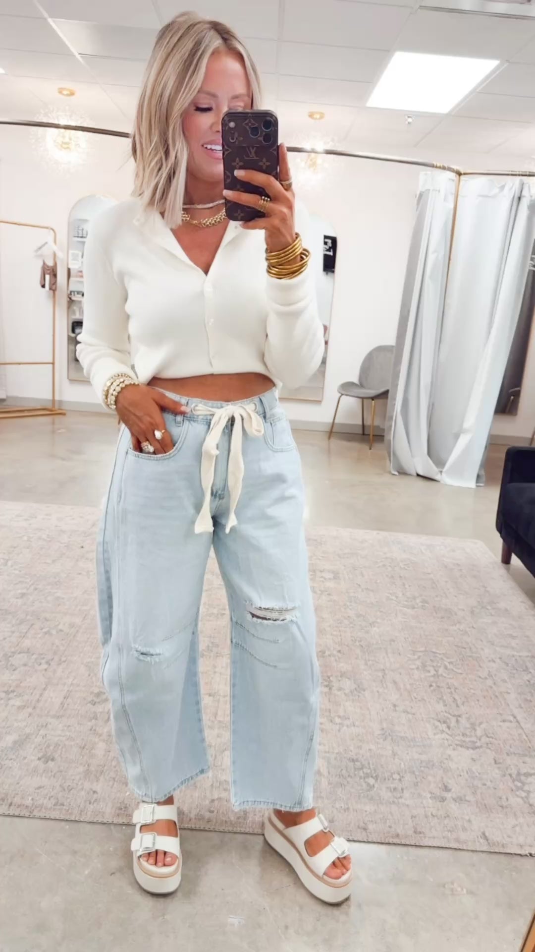 Emmie Eyelet Belted Barrel Jeans