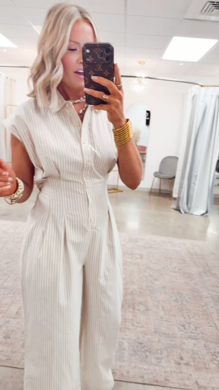 The Boardwalk Stripe Jumpsuit-Taupe
