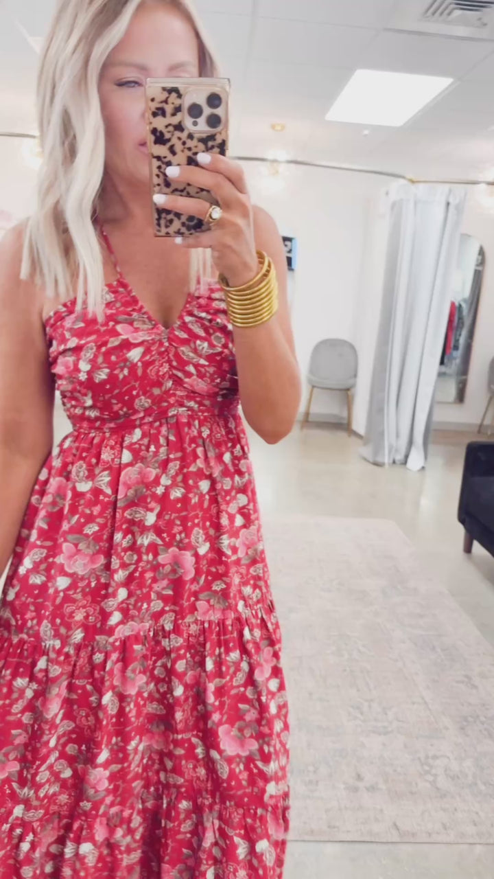 Cascade Halter Tiered Midi Dress