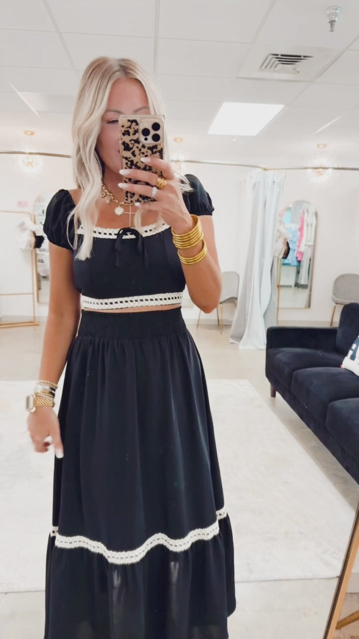Contrast Lace Trim Crop & Midi Skirt Set
