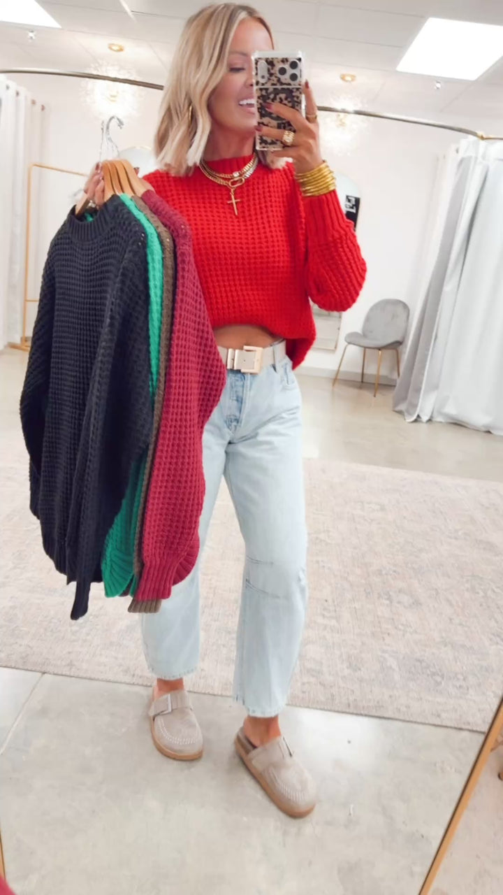 The Maren Hi-Low Waffle Knit-Ruby