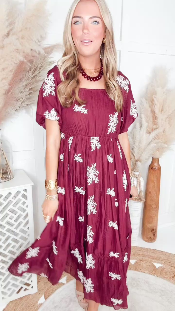 The Cascade Charm Midi Dress-Wine