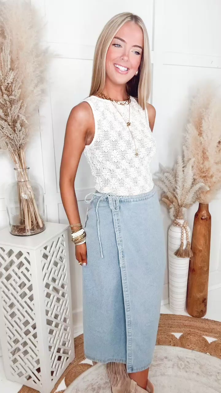The Washed Denim Wrap Midi Skirt-Light