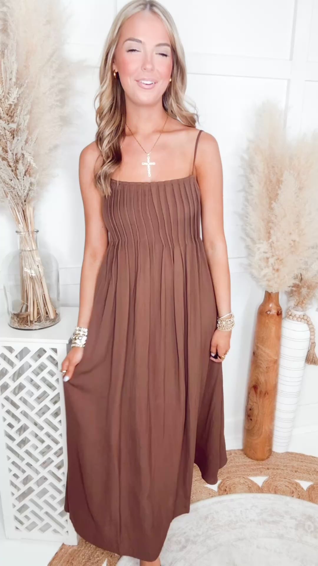 Lola Pintuck Midi Dress-Brown