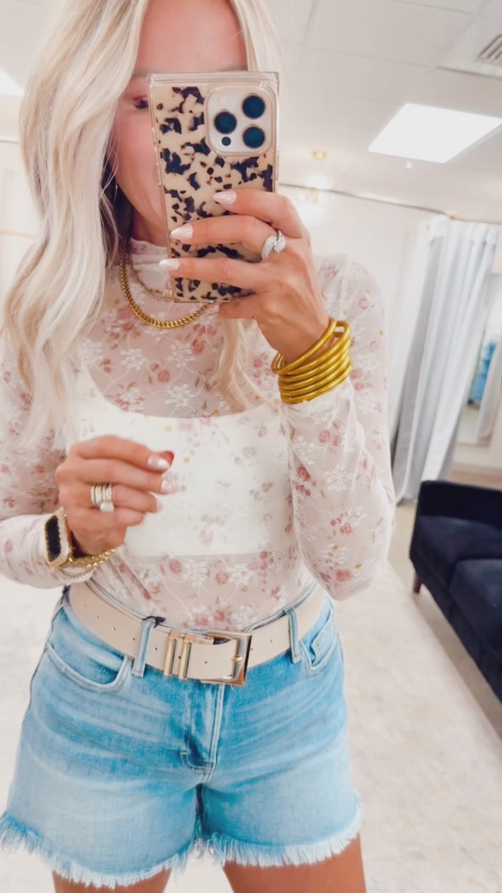 Floral Mesh Turtle Neck Top-Indian Pink