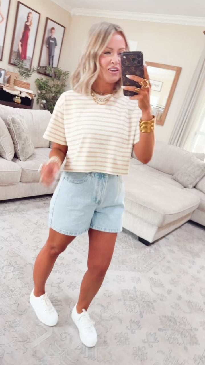 The Essential Cropped Stripe Tee-Taupe