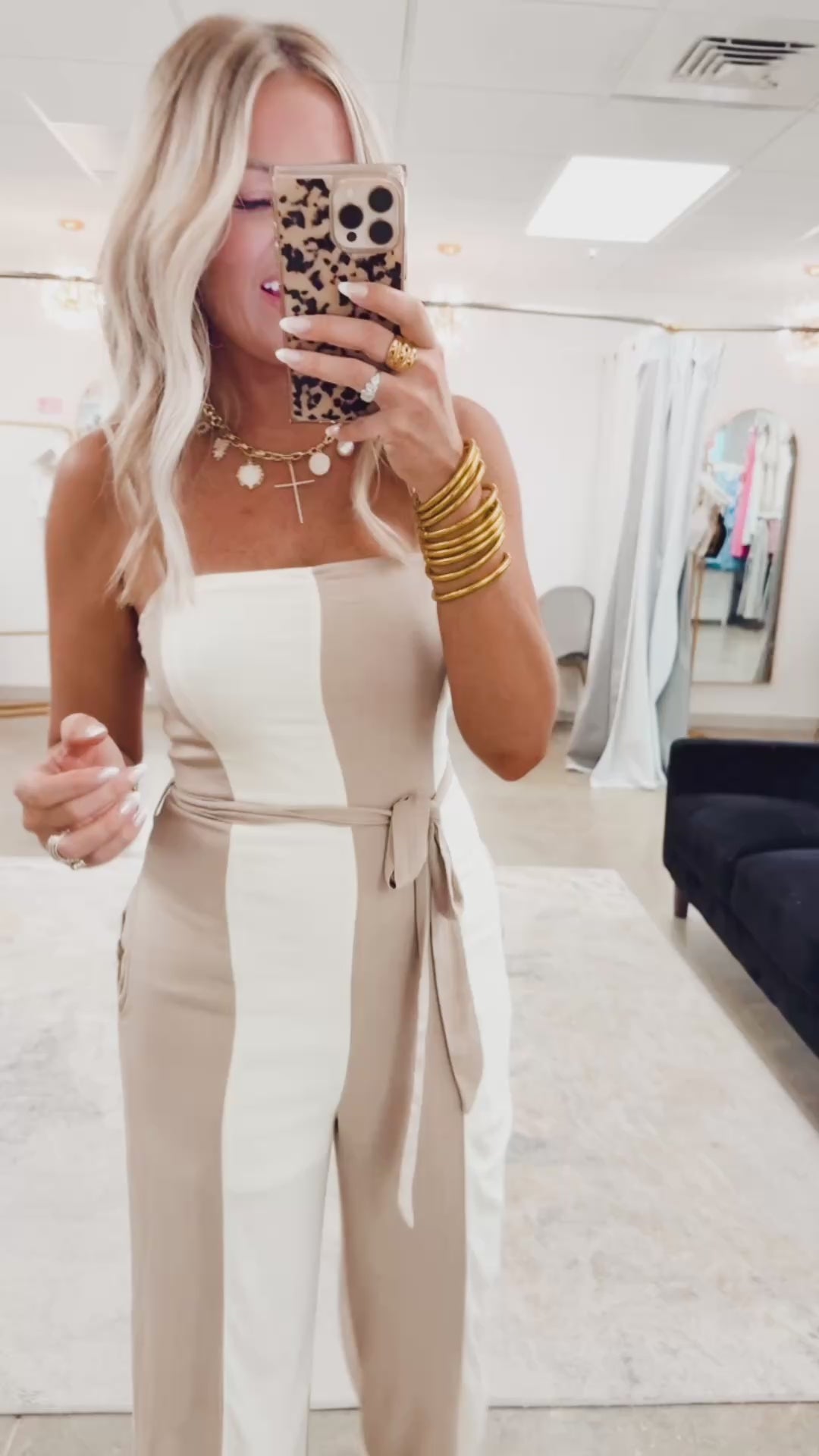Wide Stripe Belted Jumpsuit- Taupe