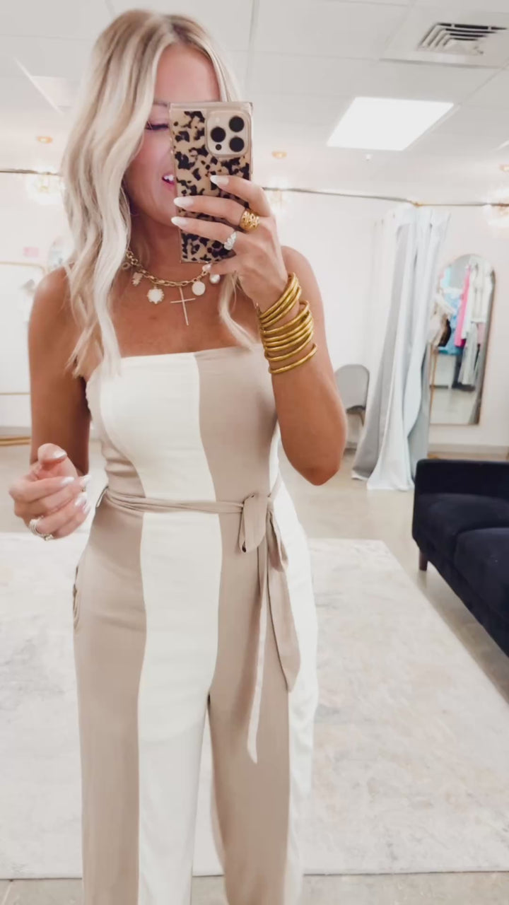 Wide Stripe Belted Jumpsuit- Taupe