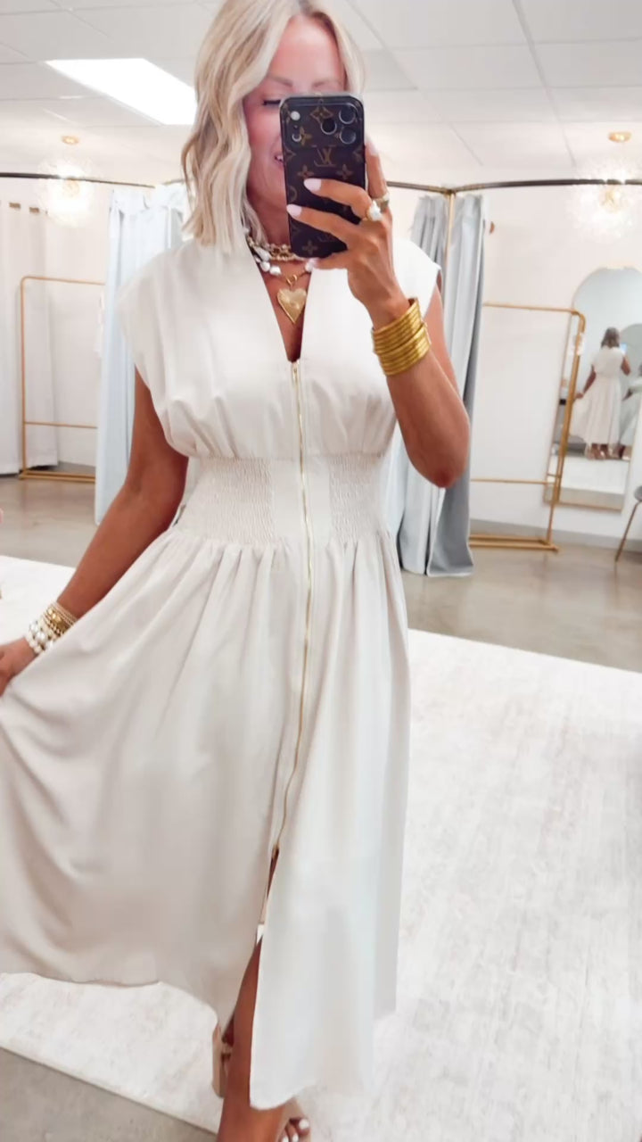 The Aveline Smocked Midi Dress-Champagne