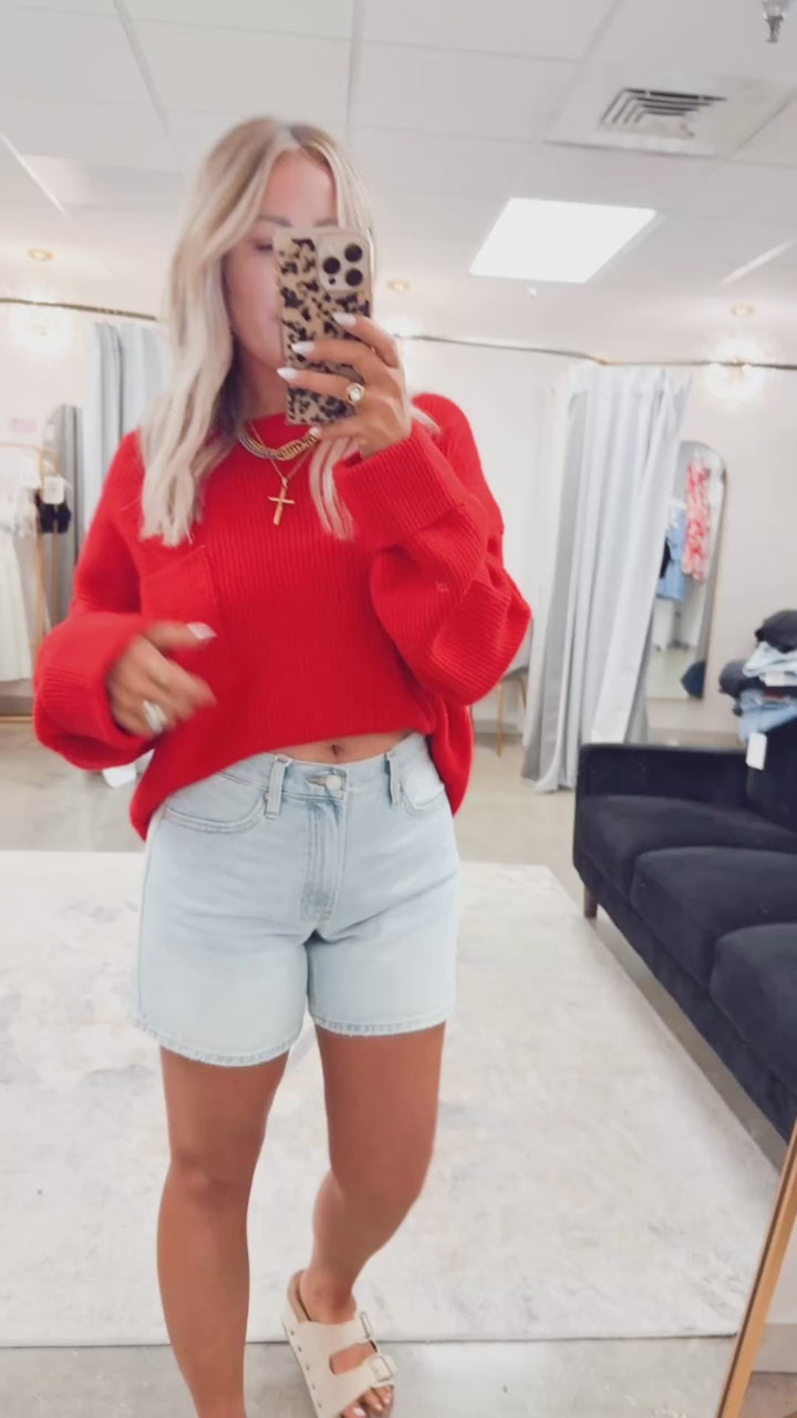 Oversized Drop Shoulder Knit Sweater-Red